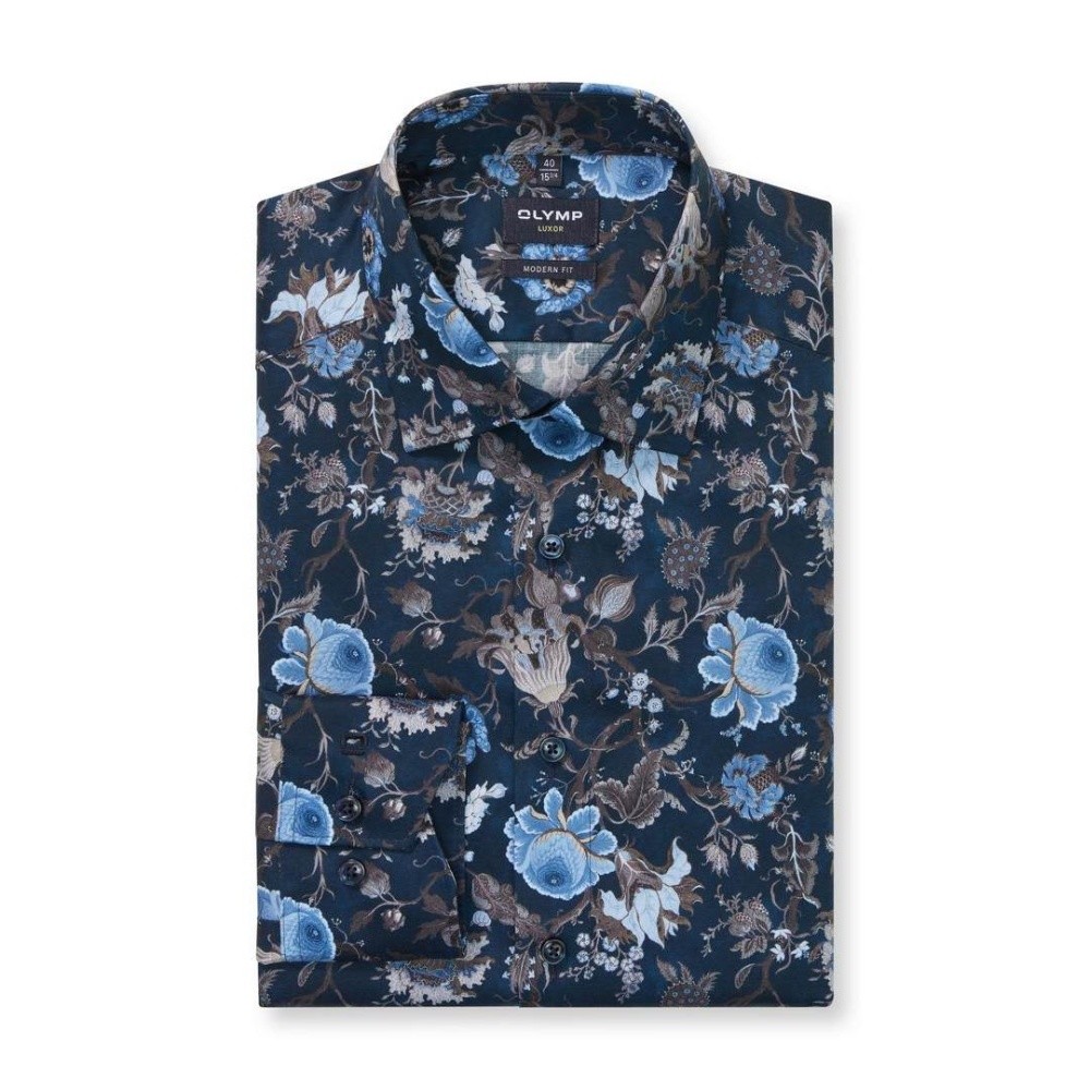 Olymp Luxor Modern Fit Men's Business Shirt Blue Floral 124884 18 Marine