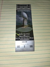 1993 DALLAS COWBOYS VS. DOLPHINS FULL TICKET - LEON LETT THANKSGIVING FUMBLE