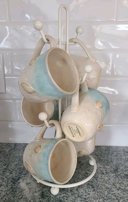 Set of 6 Seaside Mugs By Sonoma Home Display Rack | Nautical Aqua Discontinued 