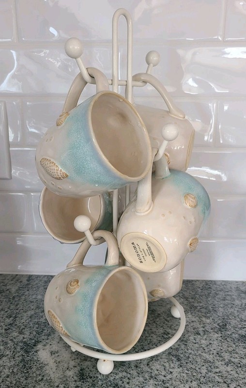 Set of 6 Seaside Mugs By Sonoma Home Display Rack | Nautical Aqua Discontinued 