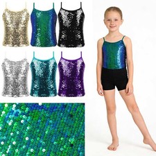 Girls Shiny Sequins Spaghetti Straps Tank Top Latin Jazz Hi Hop Vest Crop Top