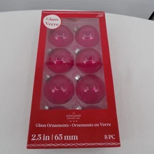 Ashland Christmas Glass Ball Tree Ornaments Pink 8 Piece 2.5" Dia New in Box