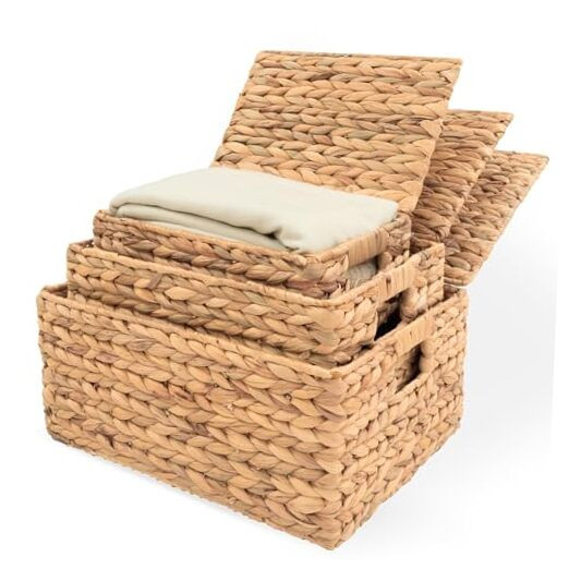 Decorative Wicker Storage Basket with Lid - Rectangle Organizer-image