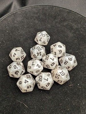 11 Pc D20 Die Set Pearlescent White Dungeons and Dragons DnD D&D