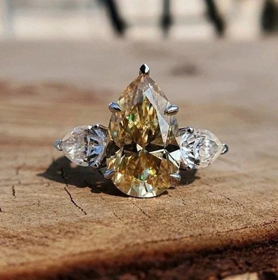 8 Ct Champagne Treated Diamond Ring Pear Shape Great Luster VVS1 Certified
