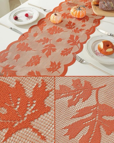 33x183 Embroidered Maple Leaf Lace Table Runner Thanksgiving Autumn Fall Decor - Picture 5 of 7