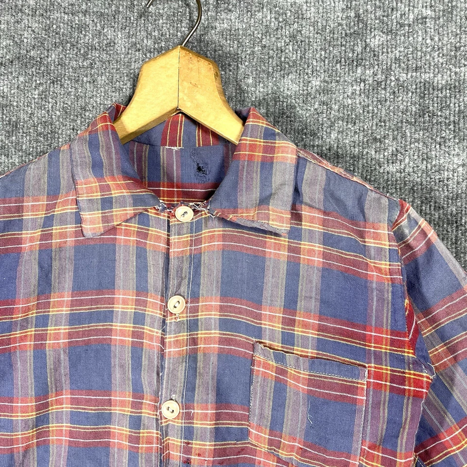 VINTAGE 20s 30s Flannel Shirt Childrens Cotton Plaid 1920s 1930s Work Antique - Image 3 of 4