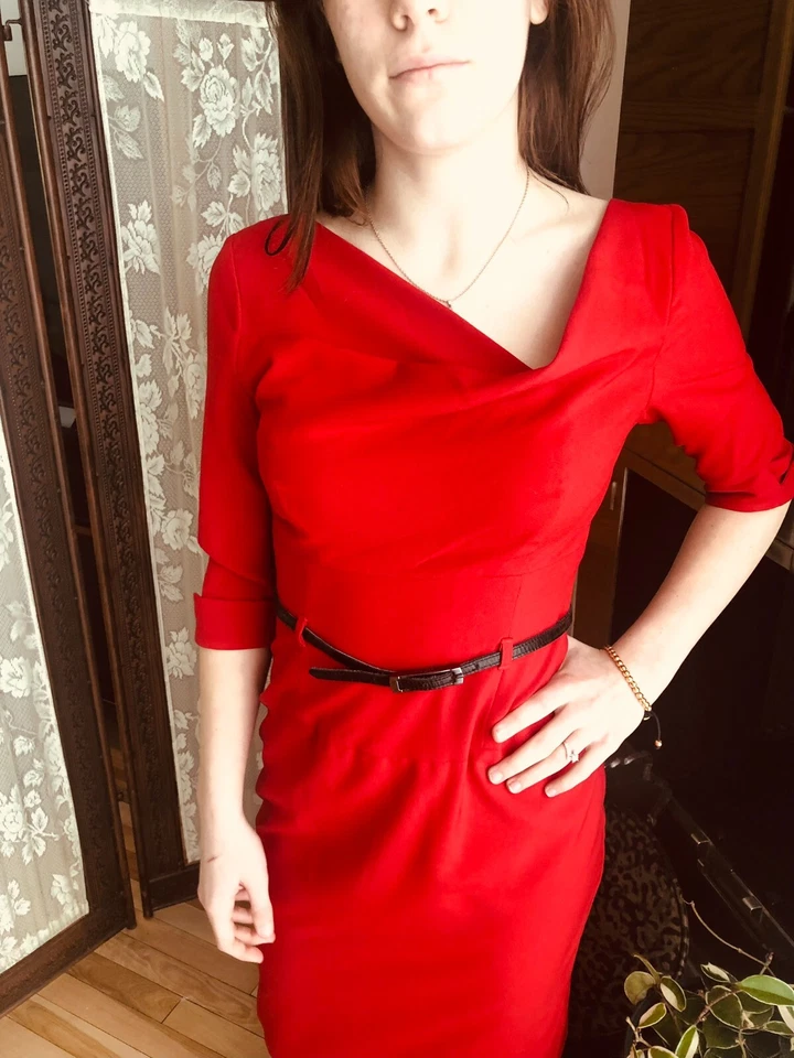 BLACK HALO Jackie O подпоясанный оболочка Hollywood знаменитости 3/4 рукав красный платье - Изображение 3 из 4