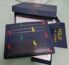 Polo Ralph Lauren Navy Green Red Leather Wallet Slim Card Holder w/6-cards Slots