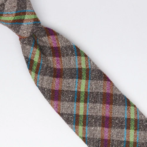 John G Hardy Mens Wool Silk Necktie Gray Magenta Green Blue Check Coarse Weave