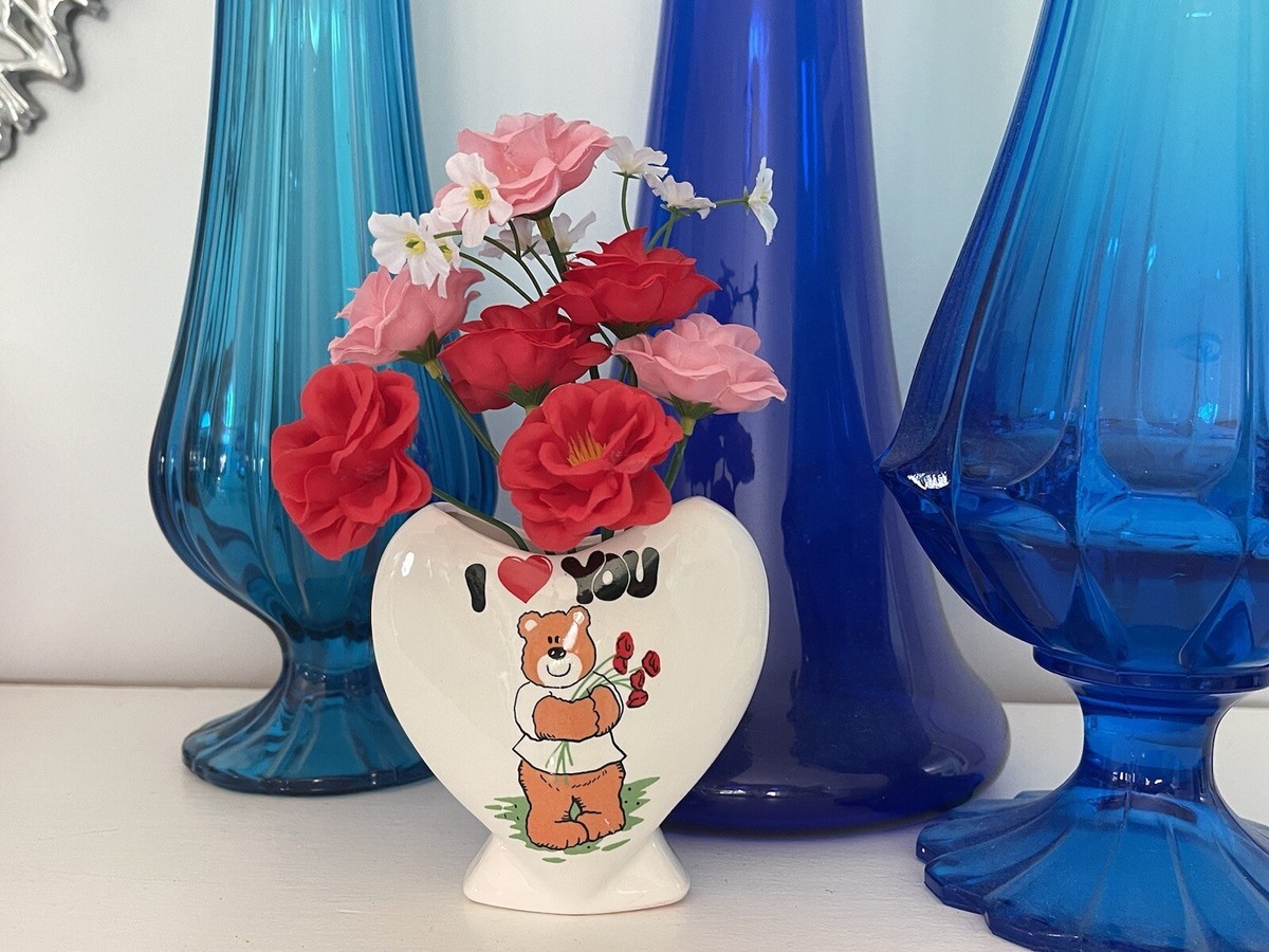 VINTAGE 80s VALENTIN'S DAY HEART VASE & FLOWERS BEAR I LOVE YOU