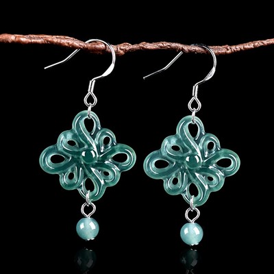 Certified Natural Ice Green Jade jadeite Chinese Knot 925Silver Fashion Earring