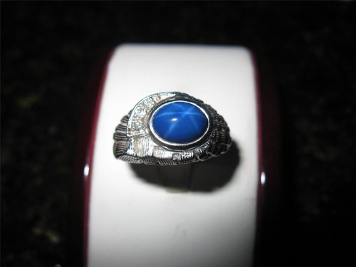 Vintage 14k Solid White Gold Cabochon Blue Sapphire And Diamond Ring Size 8.75 - Picture 6 of 12
