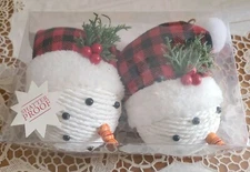 NIB 2 Large Buffalo Check Plaid Snowman Head Twine Farmhouse Christmas Ornaments