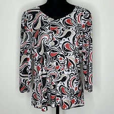 All Hours Womens Blouse Size Medium Red Black White V Neck Sequins Stretch