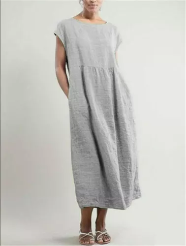 Camicia abito bohémien donna casual estate cotone lino tasca abito MIDI sciolto - Foto 5 di 20