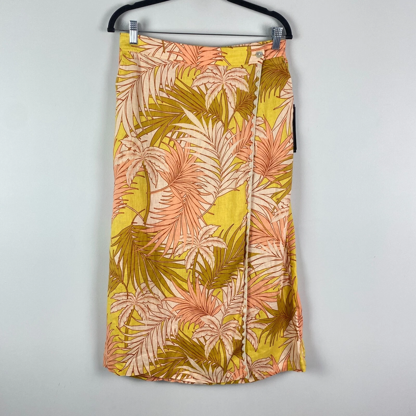 Tahari Tropical Linen Midi Skirt Size Medium Pockets A-Line Yellow Pink Green