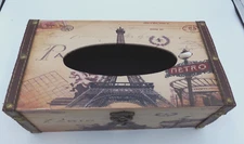Tissue Box w/ Parisian Theme, Leather Seams and Brass Latch by Bellaa, Ltd- EUC