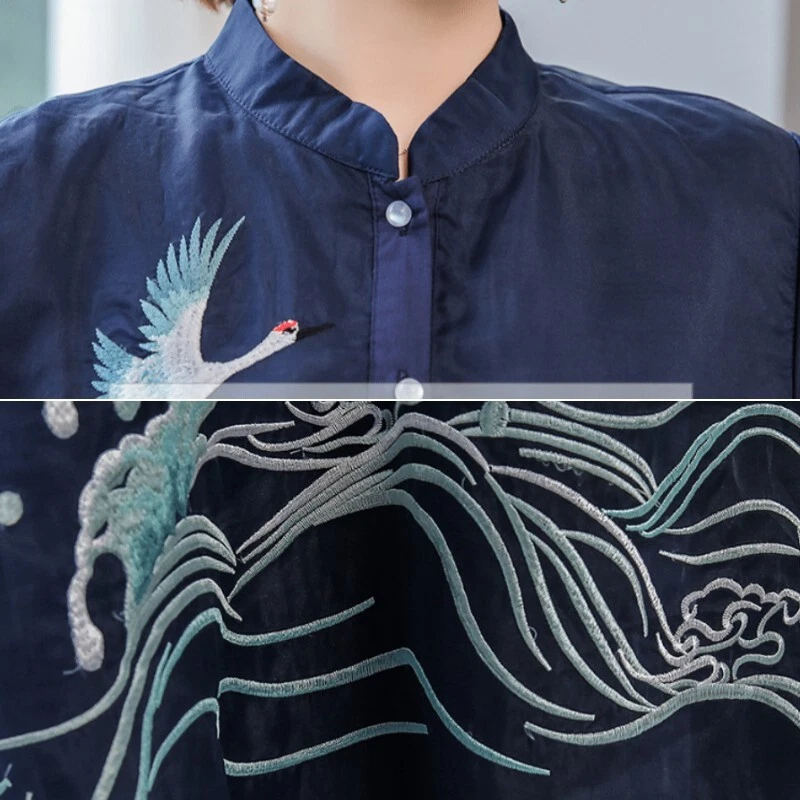 VETEMENTS Camicia midi donna linea A maglia abito bottoni manica 3 4 gru ricamo cinese