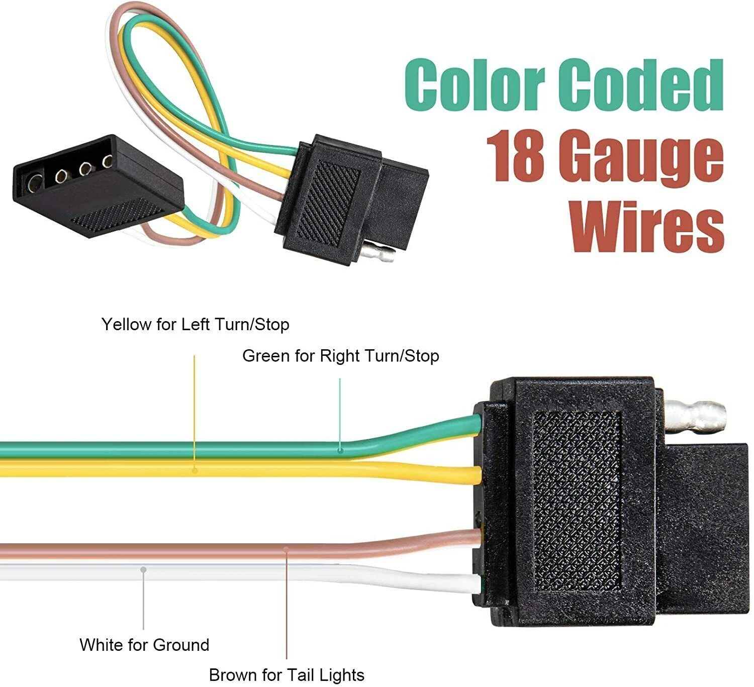 2ft 4-Pin Trailer Light Plug Wiring Harness Extension 18 AWG Flat Wire Connector