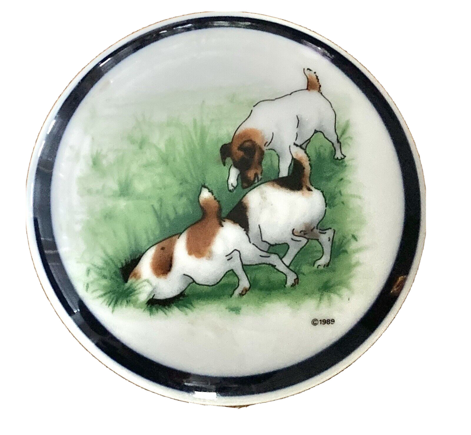 1989 Vintage Trinket Box Porcelain Blue White Duck Hunting Terrier Dog Puppy Pet