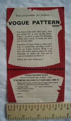 Vintage Faltblatt: Vogue Musterbuch, Jahresabo Tarif 12/6d