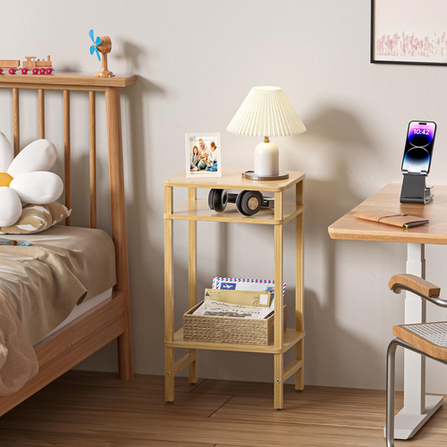 28in Tall Bamboo Side Table 3-Tier Small Narrow End Table, Skinny Nightstand, - Picture 7 of 12