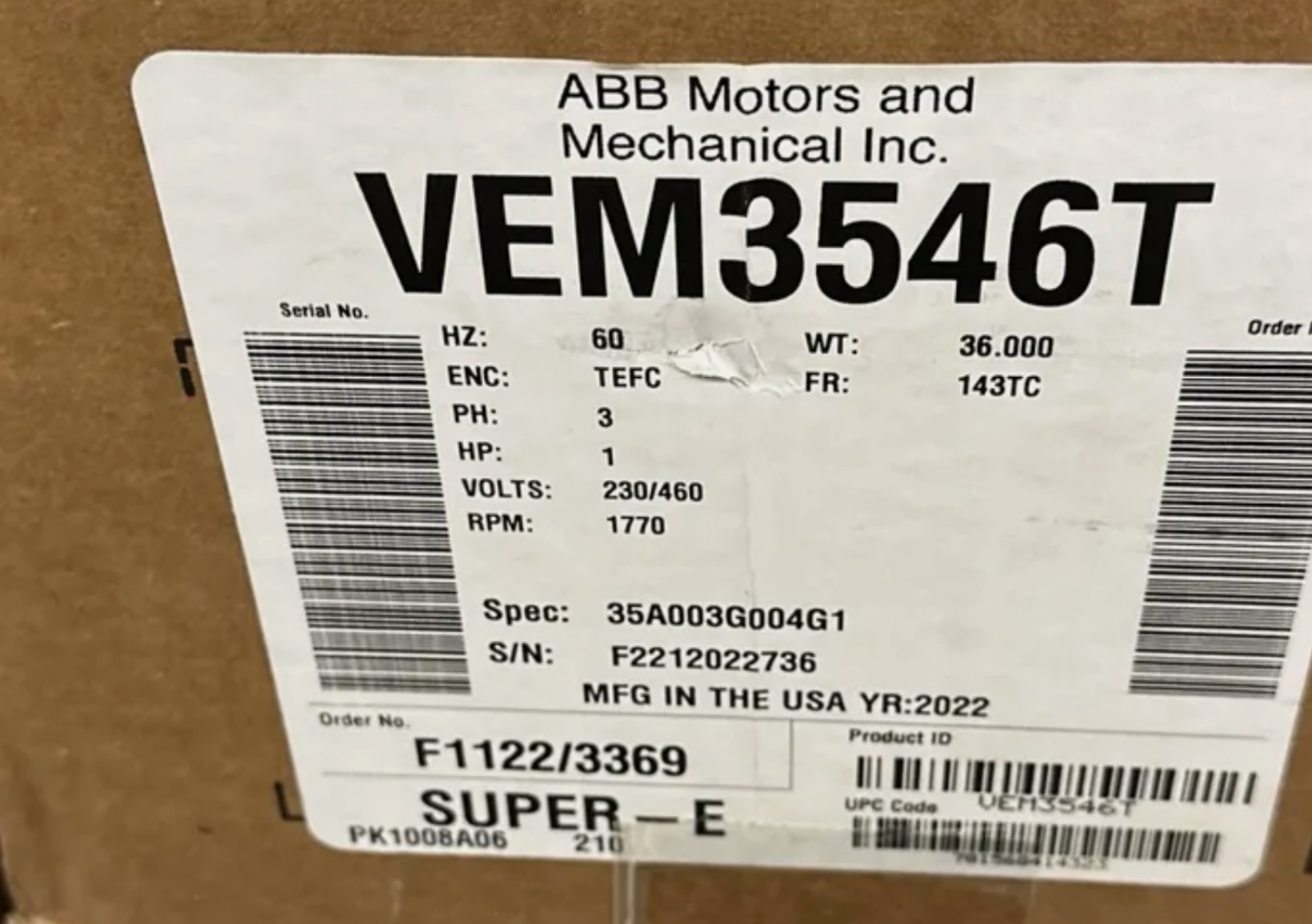VEM3546T - ABB - BALDOR - 1HP,1770RPM,3PH,60HZ,143TC,3520M,TEFC,F1