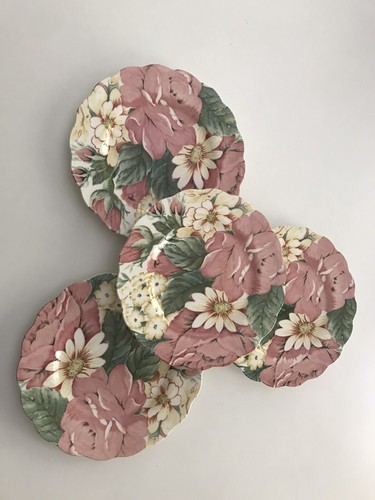 4 Vtg Nikko Fine Tableware 9” Salad Plates Scalloped English Garden Pink Green - Picture 2 of 6