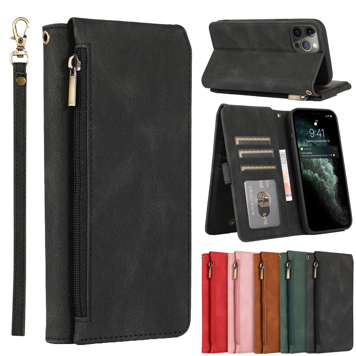 Leather Zipper Bag Stand Book Cover Case For iPhone 12 13 14 15
