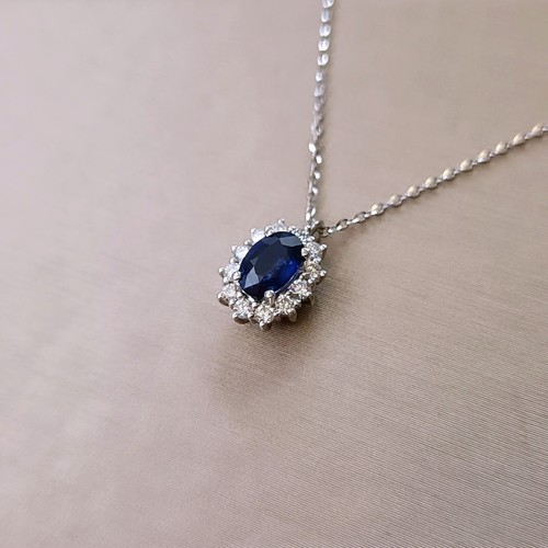 Collana ZAFFIRO blu naturale taglio ovale 0,59 CT e DIAMANTI Oro bianco 18k 750 - Foto 8 di 11
