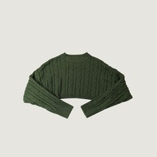 Cable Knit Cropped Bolero Sweater M Olive Green Streetwear Minimalist Layering