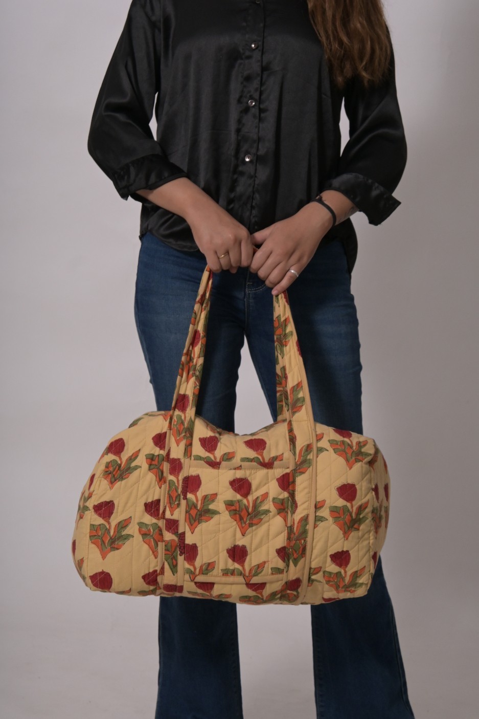 Quilted Cotton Duffle Bag, Block Print Travel Weekender Floral Print Bag