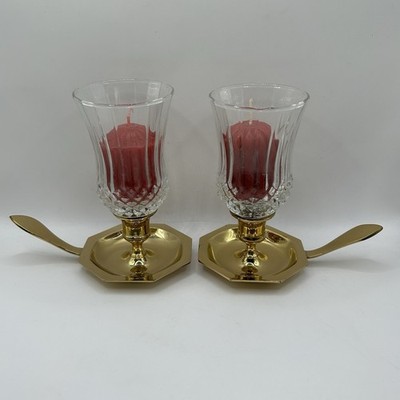 Vintage Pair Candleholders -Solid Brass Chambersticks With Clear Glass Votives