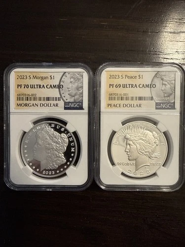 2023-S Proof $1 Morgan and Peace Silver Dollar 2pc Set NGC Ultra Cameo PF 70 69