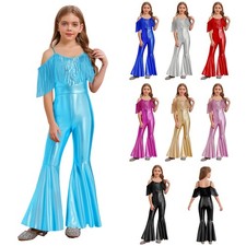 US Girls Metallic Flared Pants Jumpsuit Hippie Dance Full Body Unitard Costume