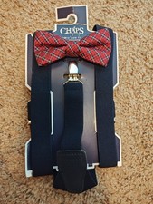 Chaps Boys Accessory Set Red Plaid Bow Tie  Black Suspenders 2 Piece