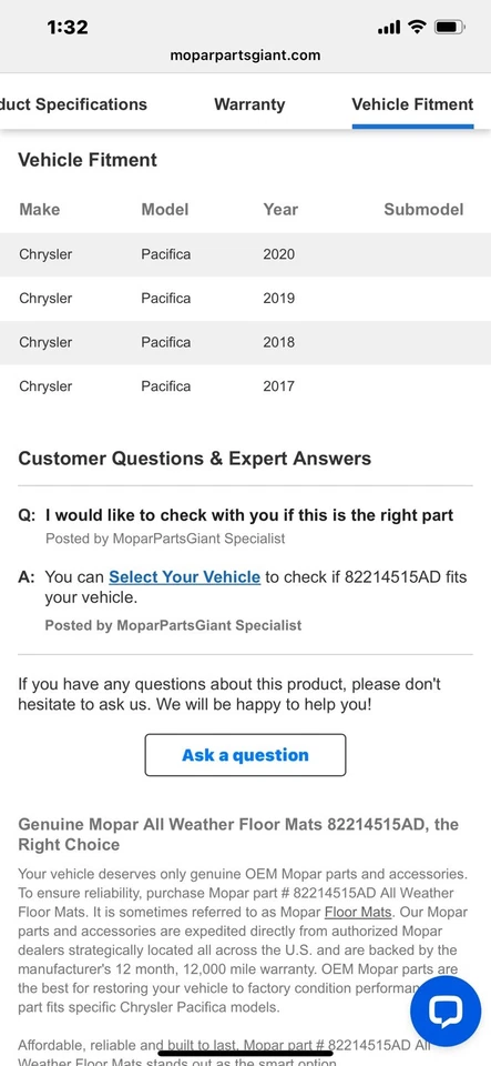 Mopar 2017-2022 Chrysler Pacifica All Weather Slush Third Row Mat 82214515AD - Image 2 of 2