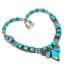 Turquoise Gemstone Necklace Tibetan Handmade Elegant Nepali Jewelry 18" NN 6869