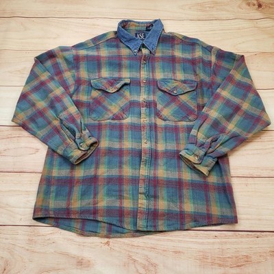 VINTAGE ASE Basics Flannel Shirt Mens XL Plaid Denim Collar Multi-Color Cotton