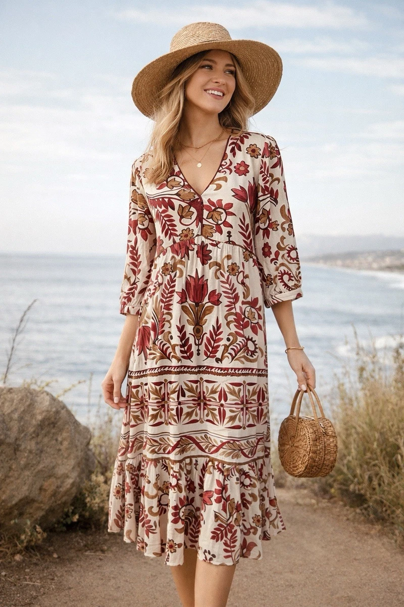 Linen 3/4 Sleeve Casual Dresses for Women for sale | eBay