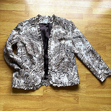 Chico's Brown Cream Animal-Print Open Front Silk Ruffle Jacket Pockets Sz 2 L