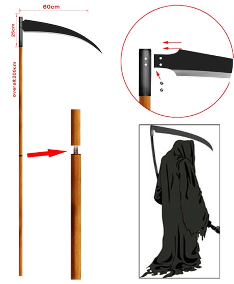 Guadaña de monstruo Parca de 80 pulgadas utilería tamaño natural disfraz de muerte disfraz arma con disfraces Foto 2 de 2