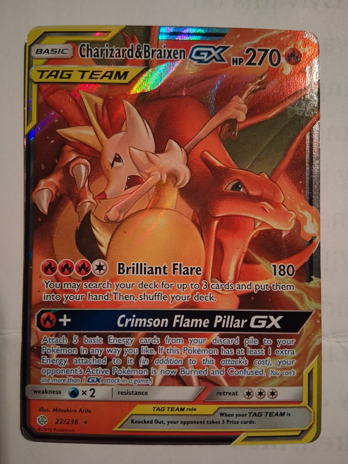Pokémon TCG Charizard & Braizen GX Holo Card 22/236 Tag Team Cosmic Eclipse