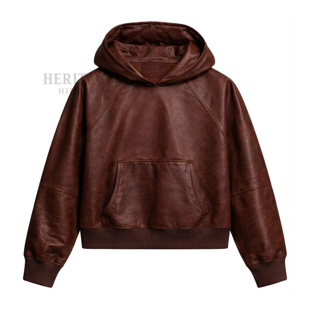 Mens Dark Brown Leather Hoodie Jacket Genuine Leather Pullover Bomber Coat-S-5XL