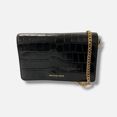 Michael Kors Women's Black Leather Croc Embossed Medium Jet Set Crossbody Bag