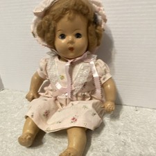 Vintage Style Baby Doll Girl Blue Eyes Curly Red Hair Floral Outfit Bonnet