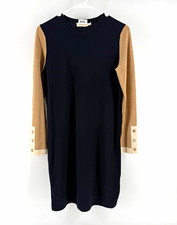 Tory Burch Colorblock Merino Wool Knit Sweater Dress Crew Neck S/P Navy Tan