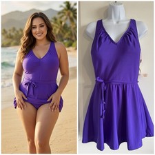 Vtg NWT Perfection Fit By Roxanne Swimsuit One Piece Swim Dress Purple Sz 16 D