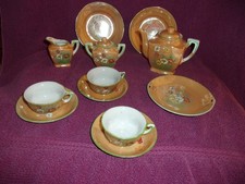Vtg. Japan Orange Luster Ware 14 pc. Children's Tea Set Floral Pattern